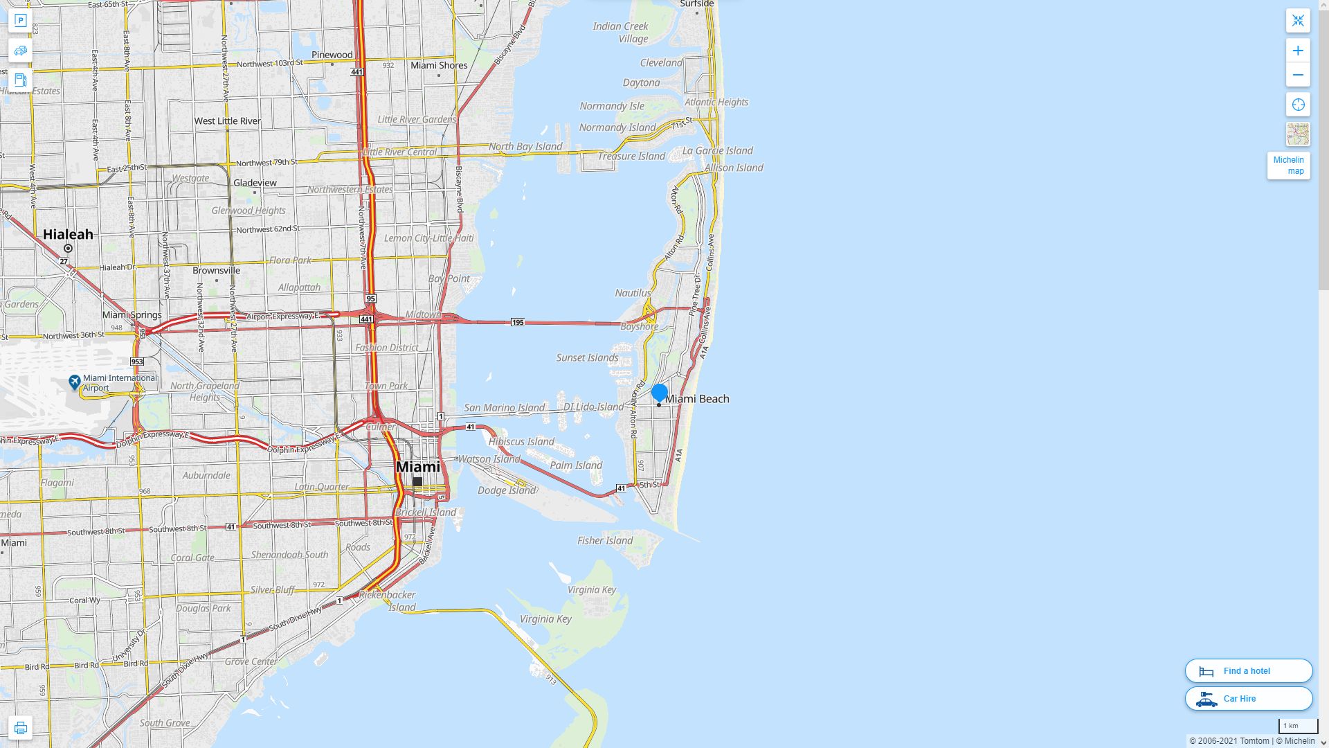 Miami Beach Florida Highway and Road Map